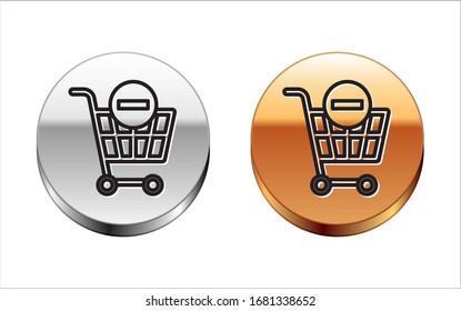Black line Remove shopping cart icon isolated on white background. Online buying concept. Delivery service. Supermarket basket and X mark. Silver-gold circle button. Vector Illustration