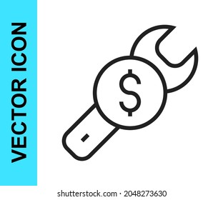 Black line Repair price icon isolated on white background. Dollar and wrench.  Vector