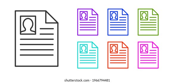 Black line Resume icon isolated on white background. CV application. Searching professional staff. Analyzing personnel resume. Set icons colorful. Vector Illustration
