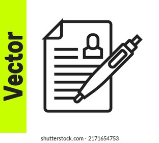 Black line Resume icon isolated on white background. CV application. Searching professional staff. Analyzing personnel resume.  Vector