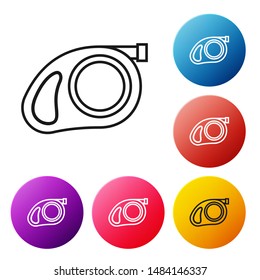 Black line Retractable cord leash with carabiner icon on white background. Pet dog lead. Pet supplies. Animal accessory for outdoors walk. Set icons colorful circle buttons. Vector Illustration