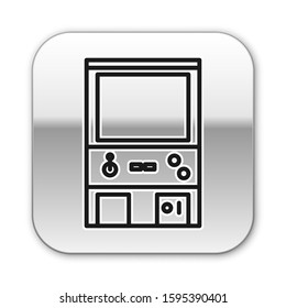 Black line Retro arcade game machine icon isolated on white background. Silver square button. Vector Illustration
