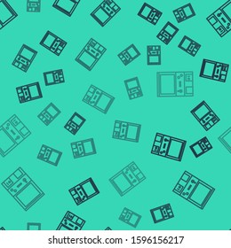 Black line Retro arcade game machine icon isolated seamless pattern on green background.  Vector Illustration