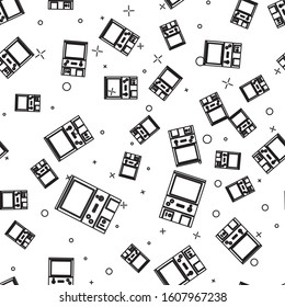 Black line Retro arcade game machine icon isolated seamless pattern on white background.  Vector Illustration