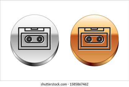 Black line Retro audio cassette tape icon isolated on white background. Silver-gold circle button. Vector Illustration