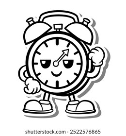 Reloj de dibujos animados retro de línea negra en silueta blanca y sombra gris. Ilustración vectorial de estilo Doodle para decorar, colorear y cualquier diseño.