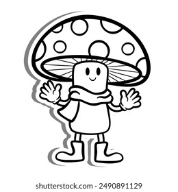 Línea negra Retro Cartoon Cold Mushroom sobre silueta blanca y sombra gris. Ilustración vectorial de estilo Doodle para decorar, colorear y cualquier diseño.