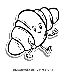 Black line Retro Cartoon Croissant Walking on white silhouette and gray shadow. Doodle Style Vector illustration for decorate, coloring and any design.