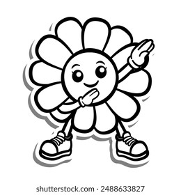 Black line Retro Cartoon Daisy Bloom doing Dabbing on white silhouette and gray shadow. Doodle Style Vector illustration for decorate, coloring and any design.