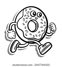 Black line Retro Cartoon Donut Running. on white silhouette and gray shadow. Doodle Style Vector illustration for decorate, coloring and any design.