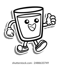 Black line Retro Cartoon Great Water in Glass on white silhouette and gray shadow. Doodle Style Vector illustration for decorate, coloring and any design.