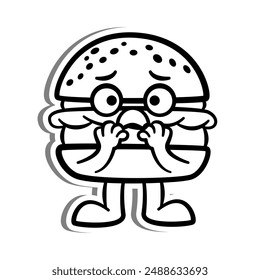 Black line Retro Cartoon Hamburger is Scared on white silhouette and gray shadow. Doodle Style Vector illustration for decorate, coloring and any design.