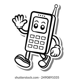 Línea negra Retro Cartoon Mobile Walk y Hello en silueta blanca y sombra gris. Ilustración vectorial de estilo Doodle para decorar, colorear y cualquier diseño.