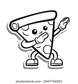 Línea negra Retro Cartoon Pizza haciendo Dabbing. en silueta blanca y sombra gris. Ilustración vectorial de estilo Doodle para decorar, colorear y cualquier diseño.