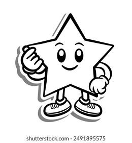 Black line Retro Cartoon Star do Mini Heart on white silhouette and gray shadow. Doodle Style Vector illustration for decorate, coloring and any design.