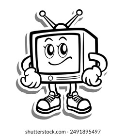 Black line Retro Cartoon Television on white silhouette and gray shadow. Doodle Style Vector illustration for decorate, coloring and any design.