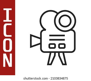 Black line Retro cinema camera icon isolated on white background. Video camera. Movie sign. Film projector.  Vector