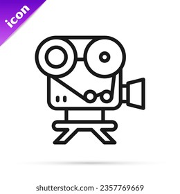 Icono de la cámara de cine Retro de línea negra aislado en fondo blanco. Cámara de video. Signo de película. Proyector de película.  Vector