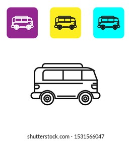 Black line Retro minivan icon isolated on white background. Old retro classic traveling van. Set icons colorful square buttons. Vector Illustration