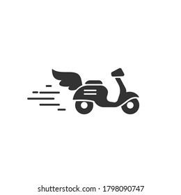 Black line retro scooter or motorbike with wings. Flat vector illustration isolated on white. Fast Delivery, transport symbol. Healthy journey. Ecology. Go green. Hipster. 