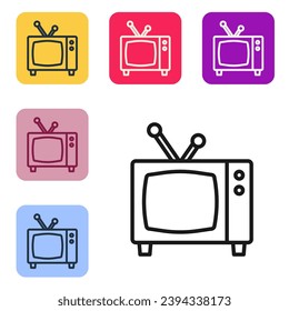 Black line Retro tv icon isolated on white background. Television sign. Set icons in color square buttons. Vector