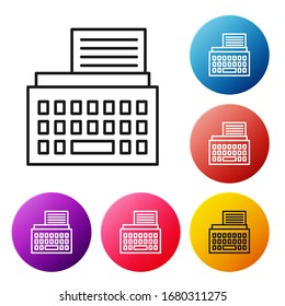 Black line Retro typewriter and paper sheet icon isolated on white background. Set icons colorful circle buttons. Vector Illustration