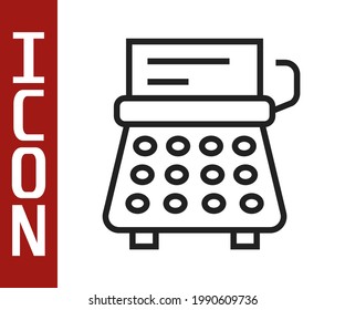 Black line Retro typewriter and paper sheet icon isolated on white background.  Vector