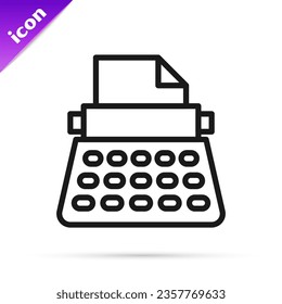 Black line Retro typewriter and paper sheet icon isolated on white background.  Vector