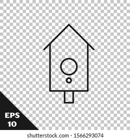 Black line Retro wall watch icon isolated on transparent background. Cuckoo clock sign. Antique pendulum clock.  Vector Illustration