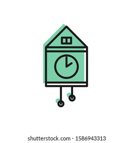Black line Retro wall watch icon isolated on white background. Cuckoo clock sign. Antique pendulum clock.  Vector Illustration