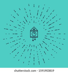 Black line Retro wall watch icon isolated on green background. Cuckoo clock sign. Antique pendulum clock. Abstract circle random dots. Vector Illustration