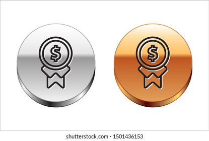 Black line Reward for good work icon isolated on white background. Employee of the month, talent award, outstanding achievement, successful person. Silver-gold circle button. Vector Illustration