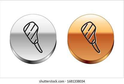 Black line Rib eye steak icon isolated on white background. Steak tomahawk. Piece of meat. Silver-gold circle button. Vector Illustration