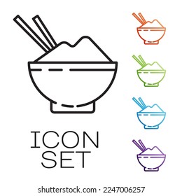 Black line Rice in a bowl with chopstick icon isolated on white background. Traditional Asian food. Set icons colorful. Vector Illustration