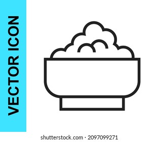 Black line Rice in a bowl icon isolated on white background. Traditional Asian food.  Vector