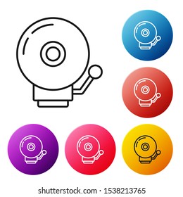 Black line Ringing alarm bell icon isolated on white background. Alarm symbol, service bell, handbell sign, notification symbol. Set icons colorful circle buttons. Vector Illustration