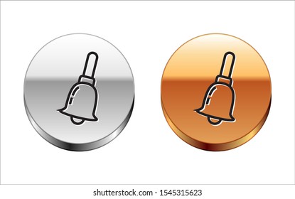 Black line Ringing bell icon isolated on white background. Alarm symbol, service bell, handbell sign, notification symbol. Silver-gold circle button. Vector Illustration