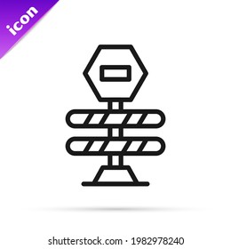 Black line Road barrier icon isolated on white background. Symbol of restricted area which are in under construction processes. Repair works.  Vector