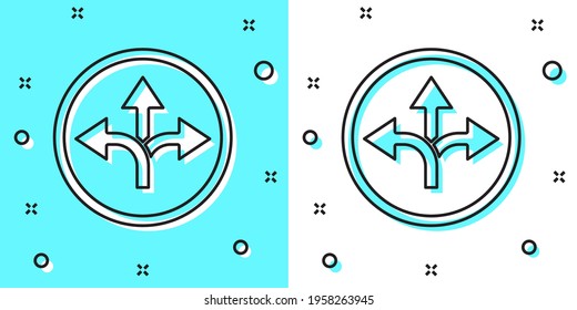 Black line Road traffic sign. Signpost icon isolated on green and white background. Pointer symbol. Isolated street information sign. Direction sign. Random dynamic shapes. Vector Illustration