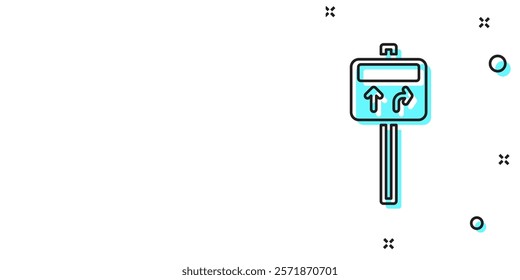 Black line Road traffic sign. Signpost icon isolated on green and white background. Pointer symbol. Street information sign. Direction sign. Random dynamic shapes. Vector