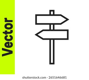 Zwarte lijn verkeersbord. Wegwijzerpictogram geïsoleerd op witte achtergrond. Pointer-symbool. Straatinformatiebord. Richting teken.  vector