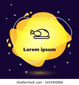 Black line Roasted turkey or chicken icon isolated on blue background. Abstract banner with liquid shapes. Vector Illustration