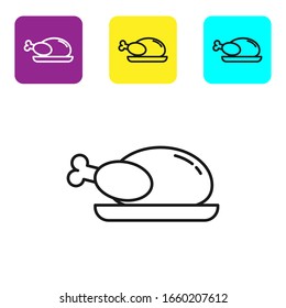 Black line Roasted turkey or chicken icon isolated on white background. Set icons colorful square buttons. Vector Illustration