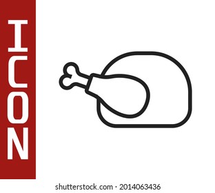 Black line Roasted turkey or chicken icon isolated on white background.  Vector