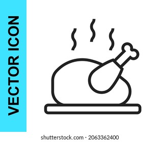 Black line Roasted turkey or chicken icon isolated on white background.  Vector