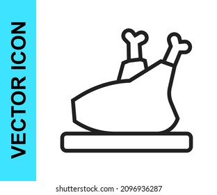 Línea negra Ícono de pavo o pollo asado aislado en fondo blanco.  Vector