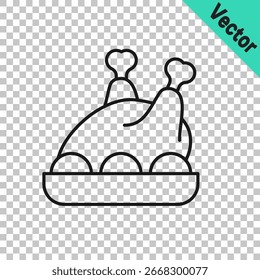 Línea negra Icono de pavo o pollo asado aislado sobre fondo transparente. Felices Navidades y Feliz Año Nuevo.  Vector
