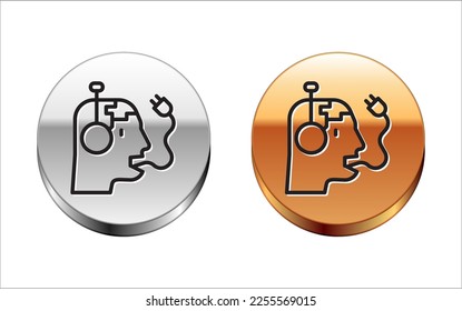 Black line Robot charging battery icon isolated on white background. Artificial intelligence, machine learning, cloud computing. Silver-gold circle button. Vector