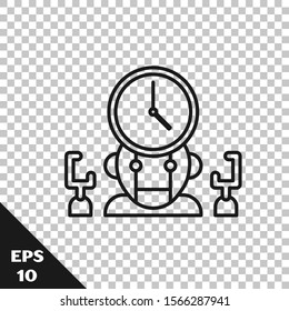 Black line Robot and digital time manager icon isolated on transparent background. Time management assistance, workflow optimization help.  Vector Illustration