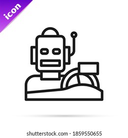 Schwarze Linie Roboter humanoid fahren ein Auto Symbol einzeln auf weißem Hintergrund. Künstliche Intelligenz, maschinelles Lernen, Cloud-Computing.  Vektorgrafik